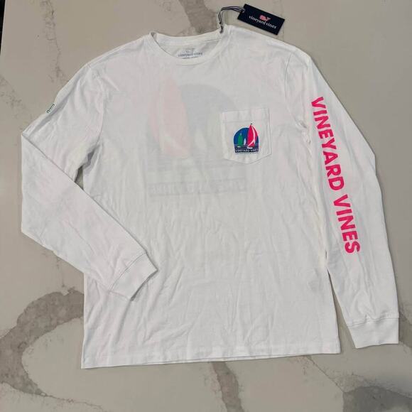 Vineyard Vines NWT Regatta Sailboat LongSleeve TShirt Mens Small White/Neon Pink - Picture 1 of 8